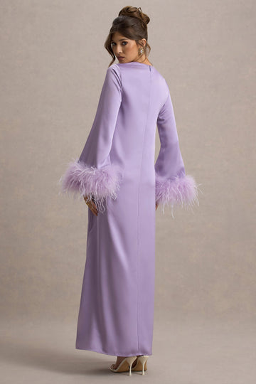 Adella Lilac Satin Feather-Trim Maxi Dress